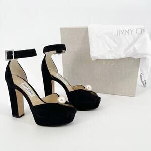 Jimmy Choo Black Suede Socorie Pearl Detail Platform Sandal Heel size IT 38.5